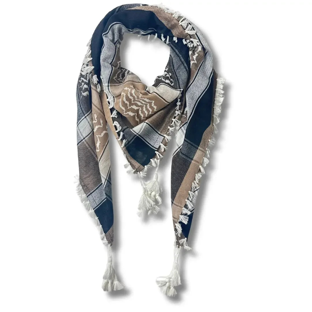 Colorful kuffiyeh scarf in neutral tones with traditional patterns and fringe edges from Palestinian Elegance
