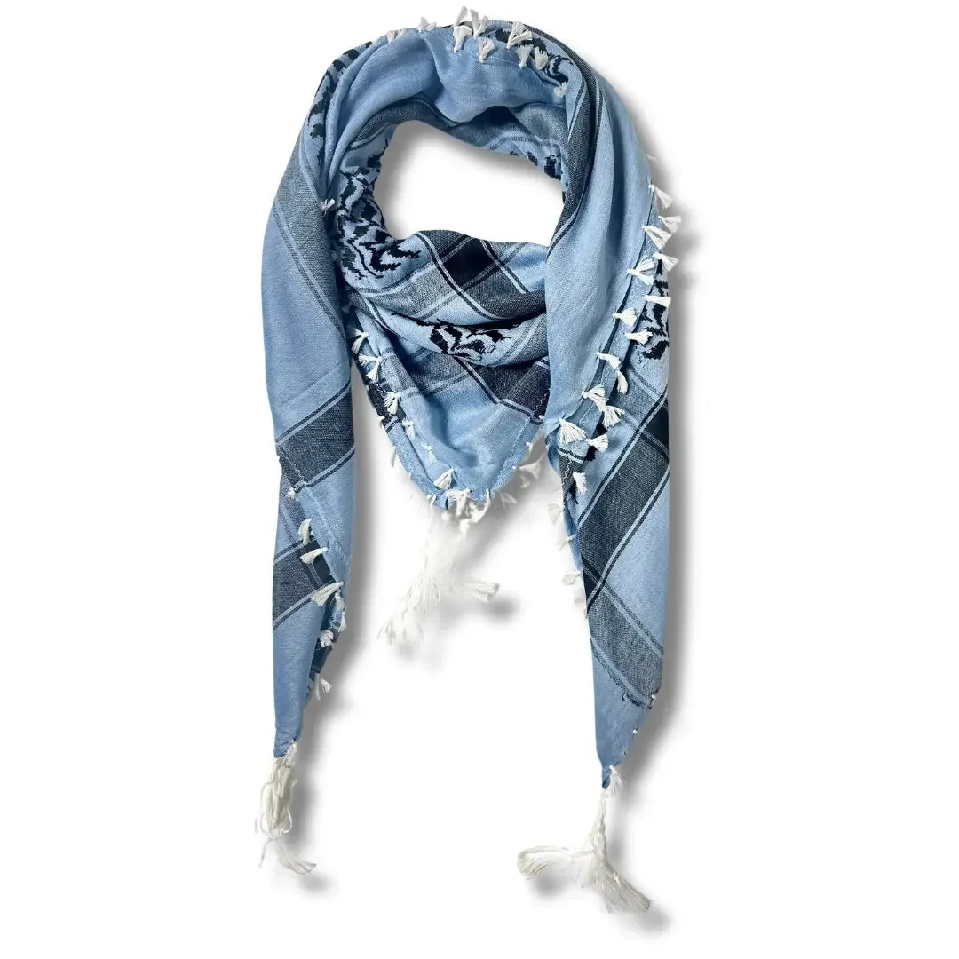 Palestinian Elegance colorful kuffiyeh scarf in light blue with traditional black patterns and white tassels