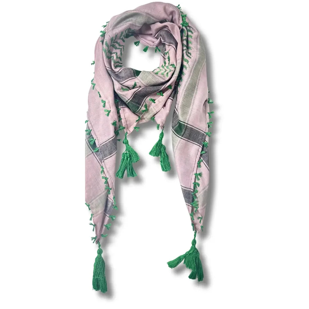 Palestinian Elegance colorful kuffiyeh scarf with green tassels and traditional pattern