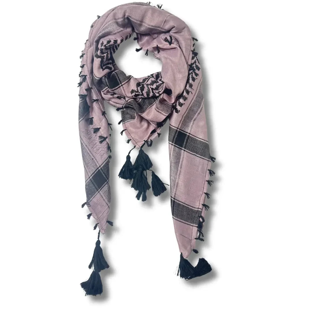 Palestinian Elegance colorful kuffiyeh scarf in soft pink with black tassels and traditional patterns
