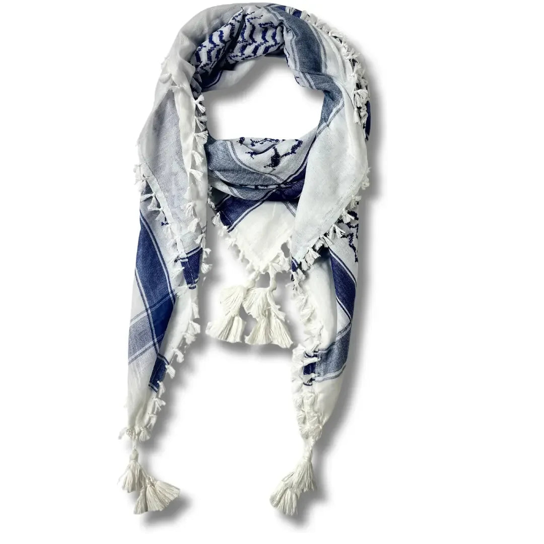 Colorful kuffiyeh scarf by Palestinian Elegance in white and blue with traditional patterns and tassels