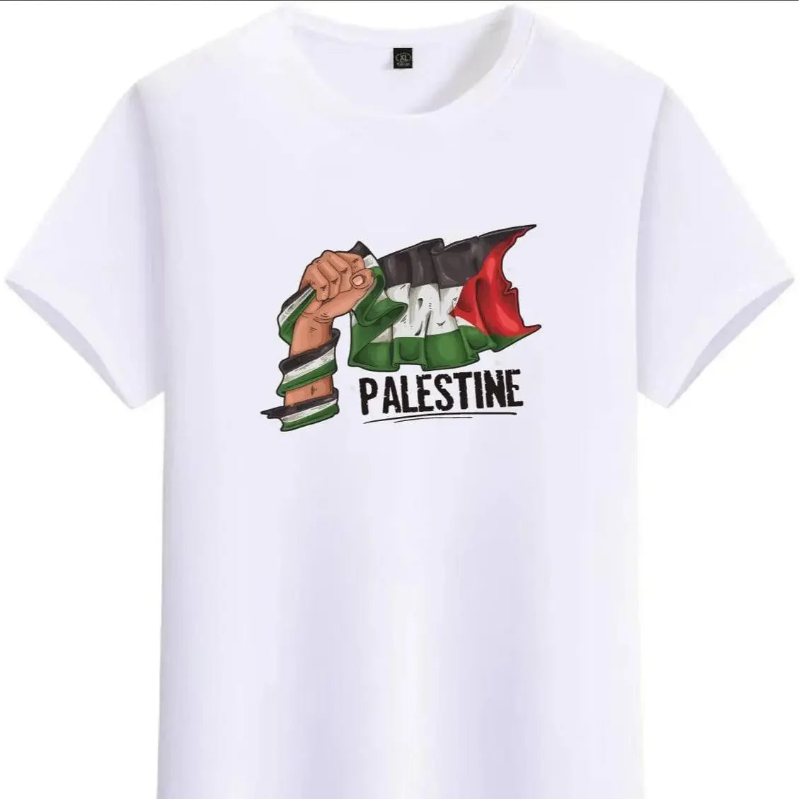 White Palestine flag shirt cotton with graphic fist holding Palestinian flag and text Palestine