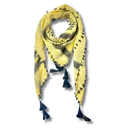 Palestinian Elegance cream kuffiyeh scarf with traditional black patterns and navy tassels