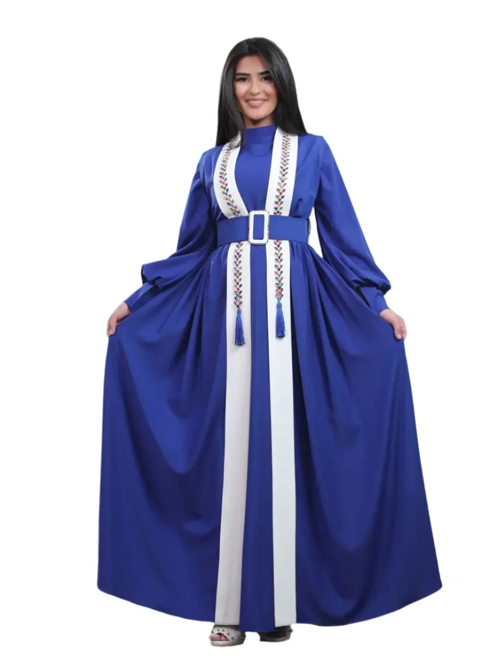 Palestinian Elegance blue crystal kaftan dress with white embroidered panels and belted waist