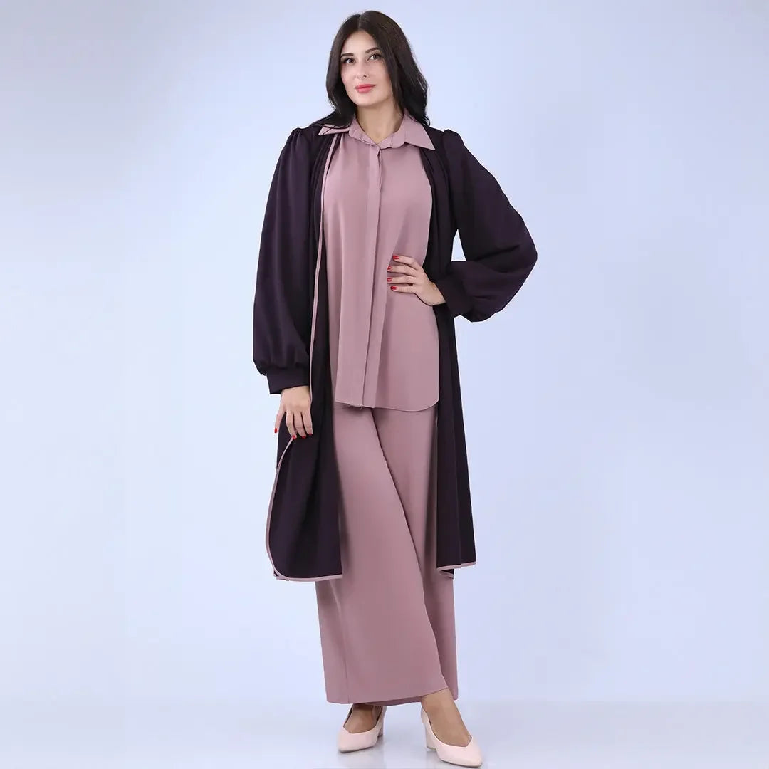 Palestinian Elegance long black cardigan worn over mauve blouse and wide-leg pants outfit