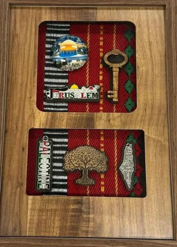 Palestinian embroidered wall art accessories featuring Jerusalem, olive tree, and key symbols on traditional fabric by Palestinian elegance