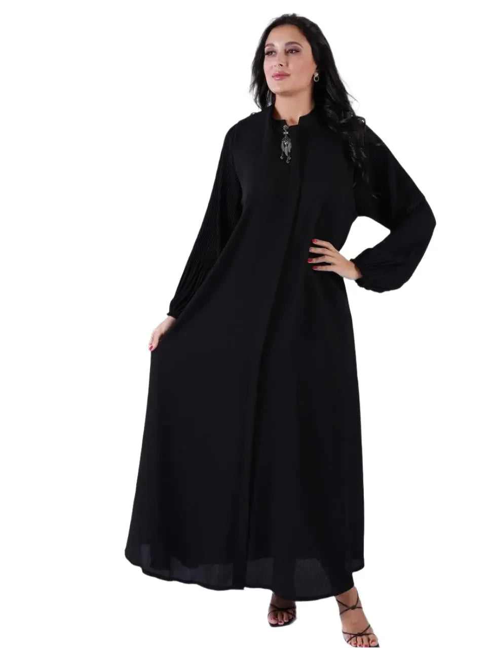 Palestinian Elegance black elastic sleeve abaya for women with long flowy design
