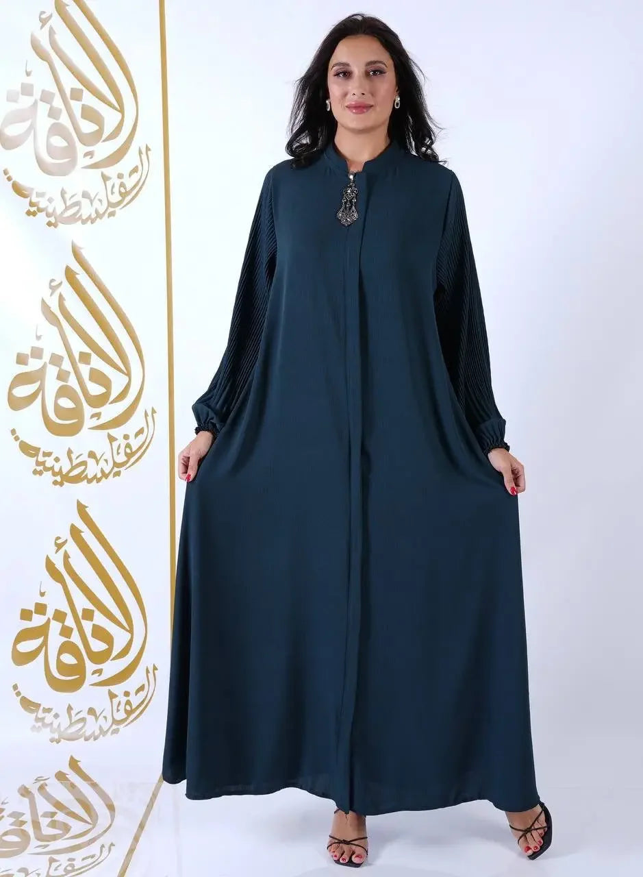 Palestinian Elegance elastic sleeve abaya for women in dark blue with full length and loose fit