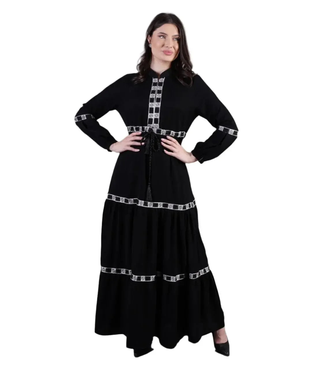 Palestinian Elegance black elegant abaya dress with white embroidered details and long sleeves