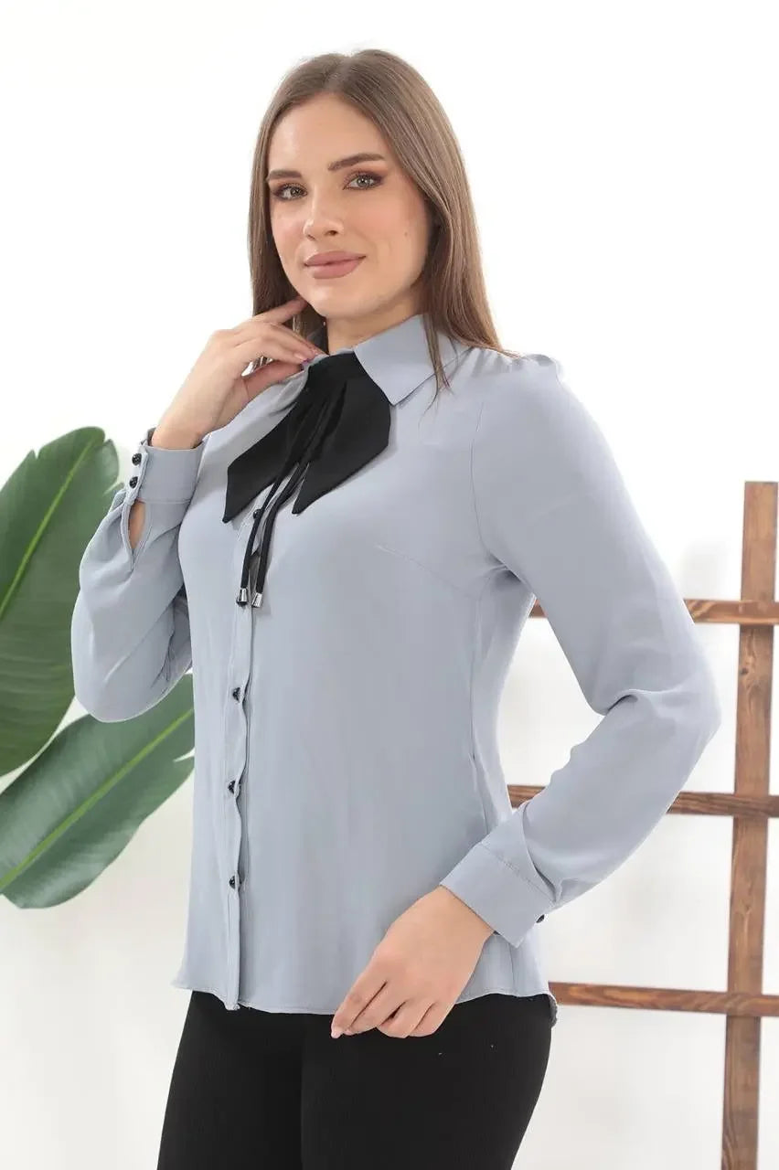 Palestinian Elegance elegant bow tie blouse in light gray with long sleeves and black bow detail