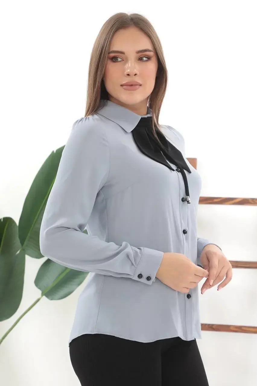 Women's casual elegant bow tie blouse by Palestinian Elegance in light gray with black bow detail
