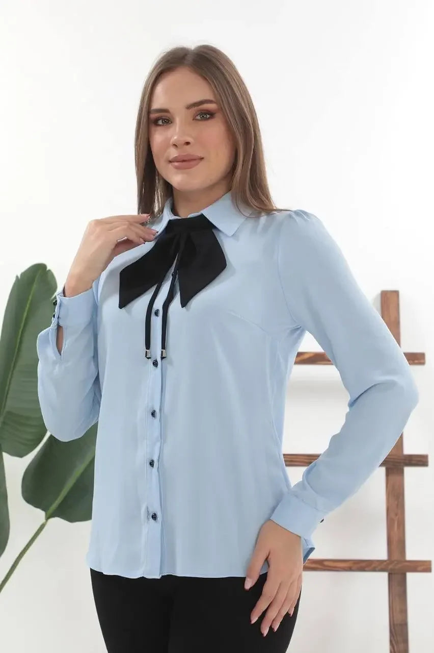 Palestinian Elegance casual light blue elegant bow tie blouse with long sleeves and black bow detail