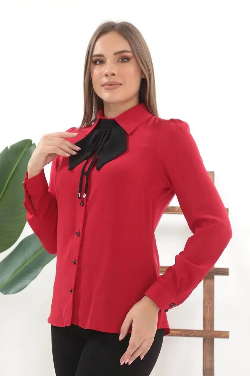 Red casual blouse with long sleeves and black elegant bow tie blouse from Palestinian Elegance