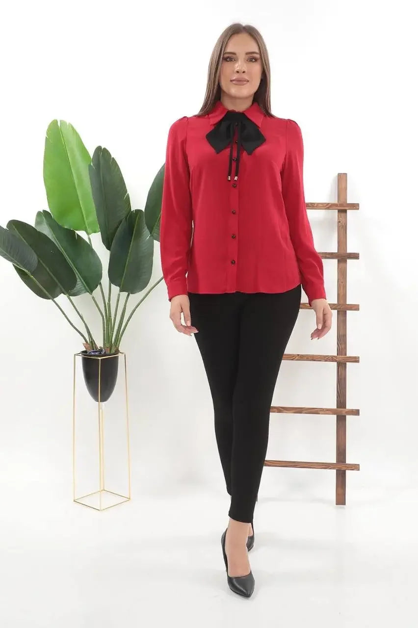 Palestinian Elegance casual red long sleeve elegant bow tie blouse paired with black pants