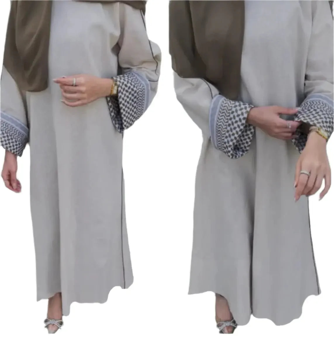 Elegant embroidered abaya by Palestinian Elegance in light gray with detailed cuff embroidery