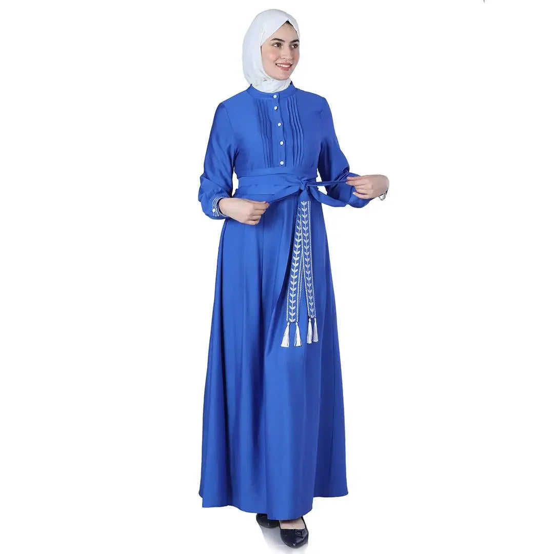 Palestinian Elegance elegant modest blue dress with long sleeves and embroidered waist tie