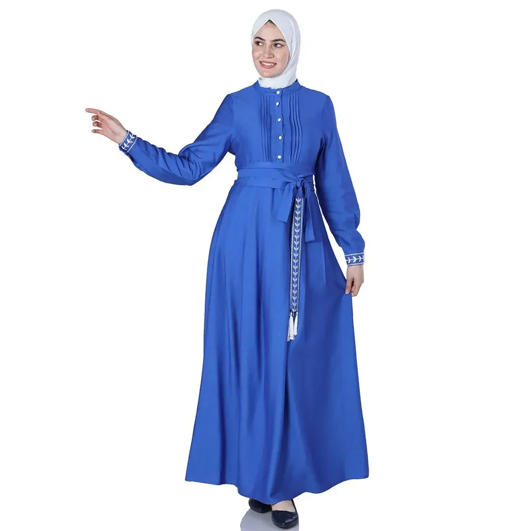 Palestinian Elegance elegant modest blue dress with long sleeves and waist tie belt