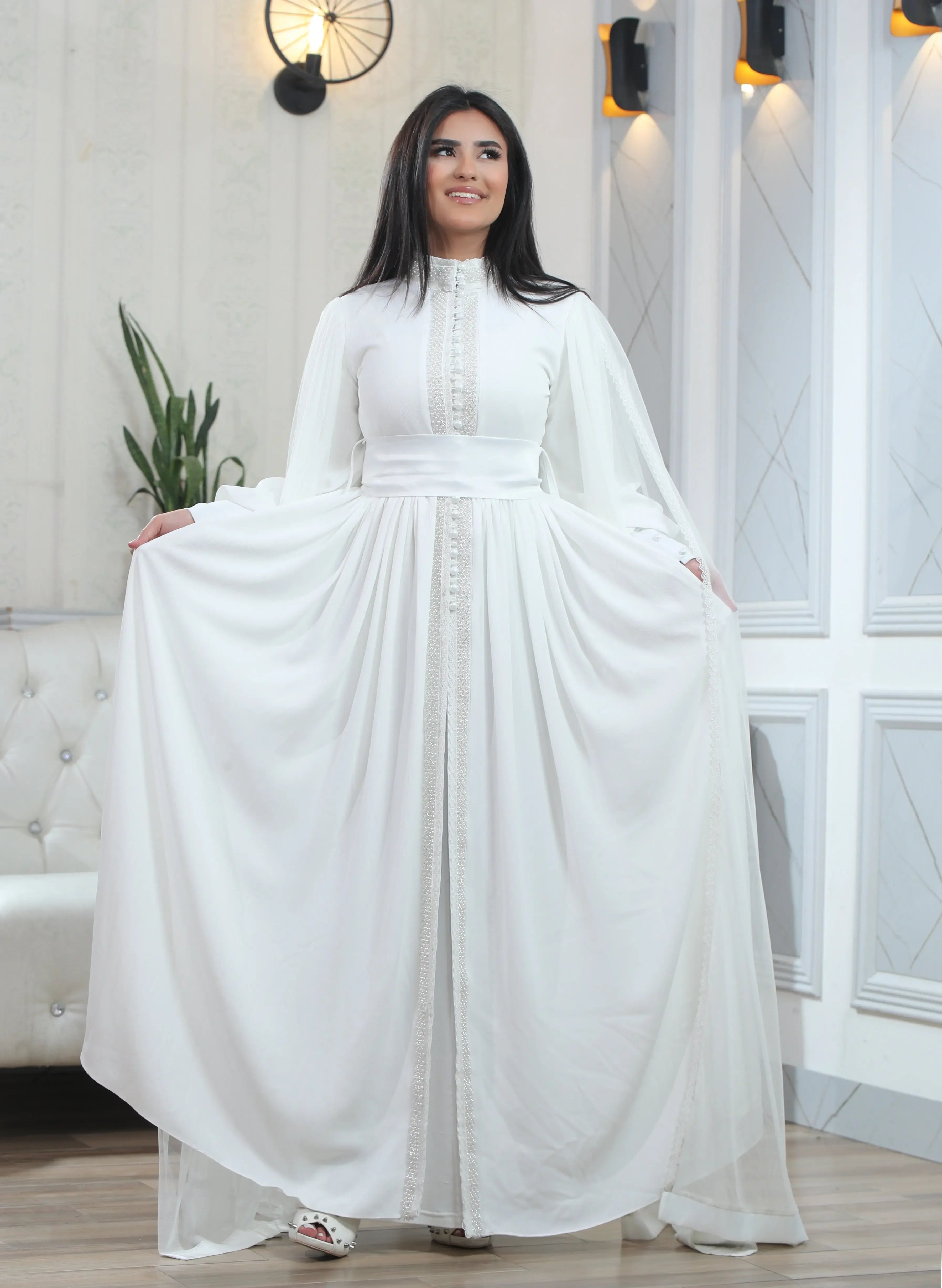 Palestinian Elegance white elegant modest formal dress with long sleeves and full skirt