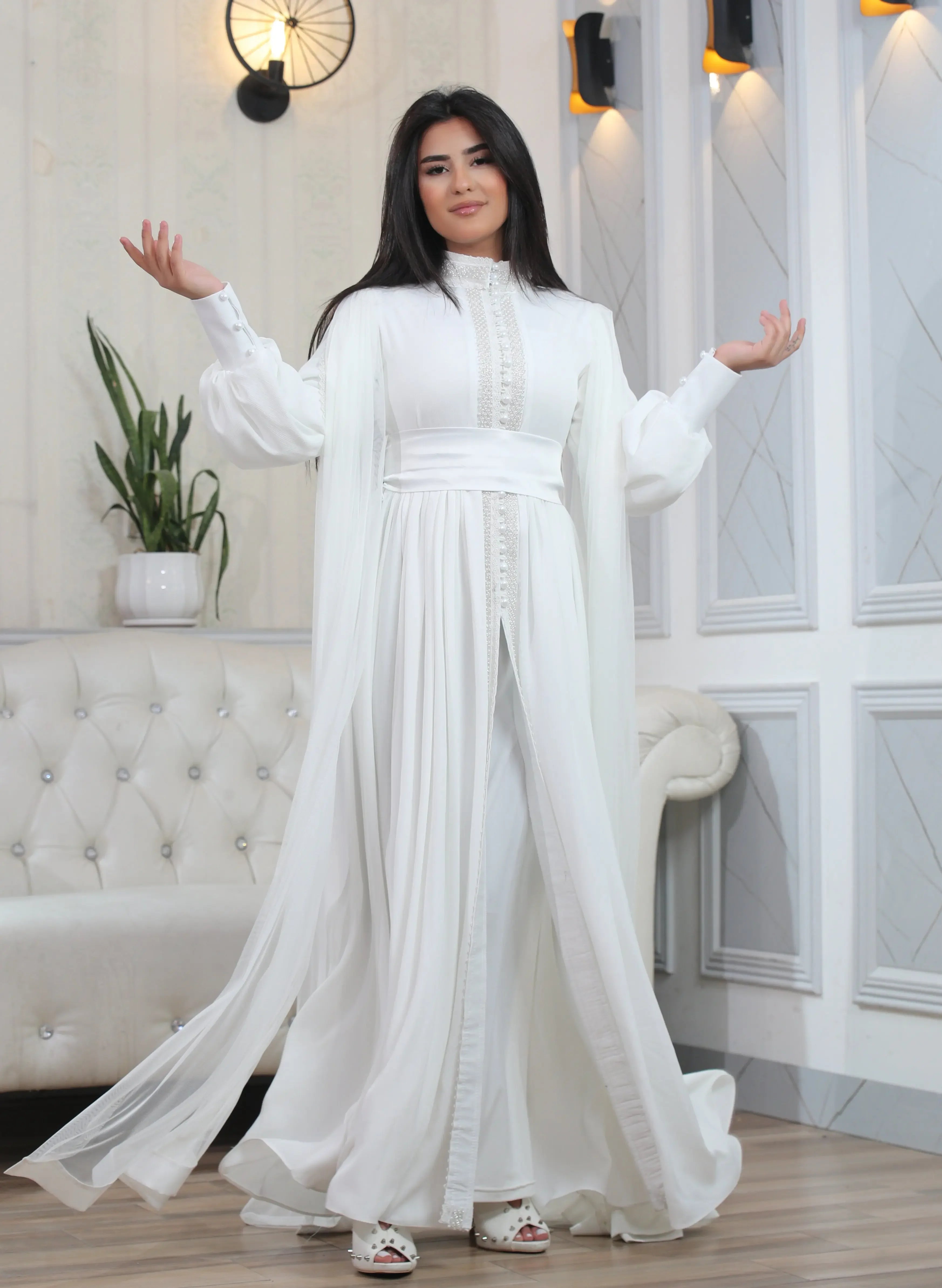 Palestinian Elegance white elegant modest formal dress with long sleeves and high neckline