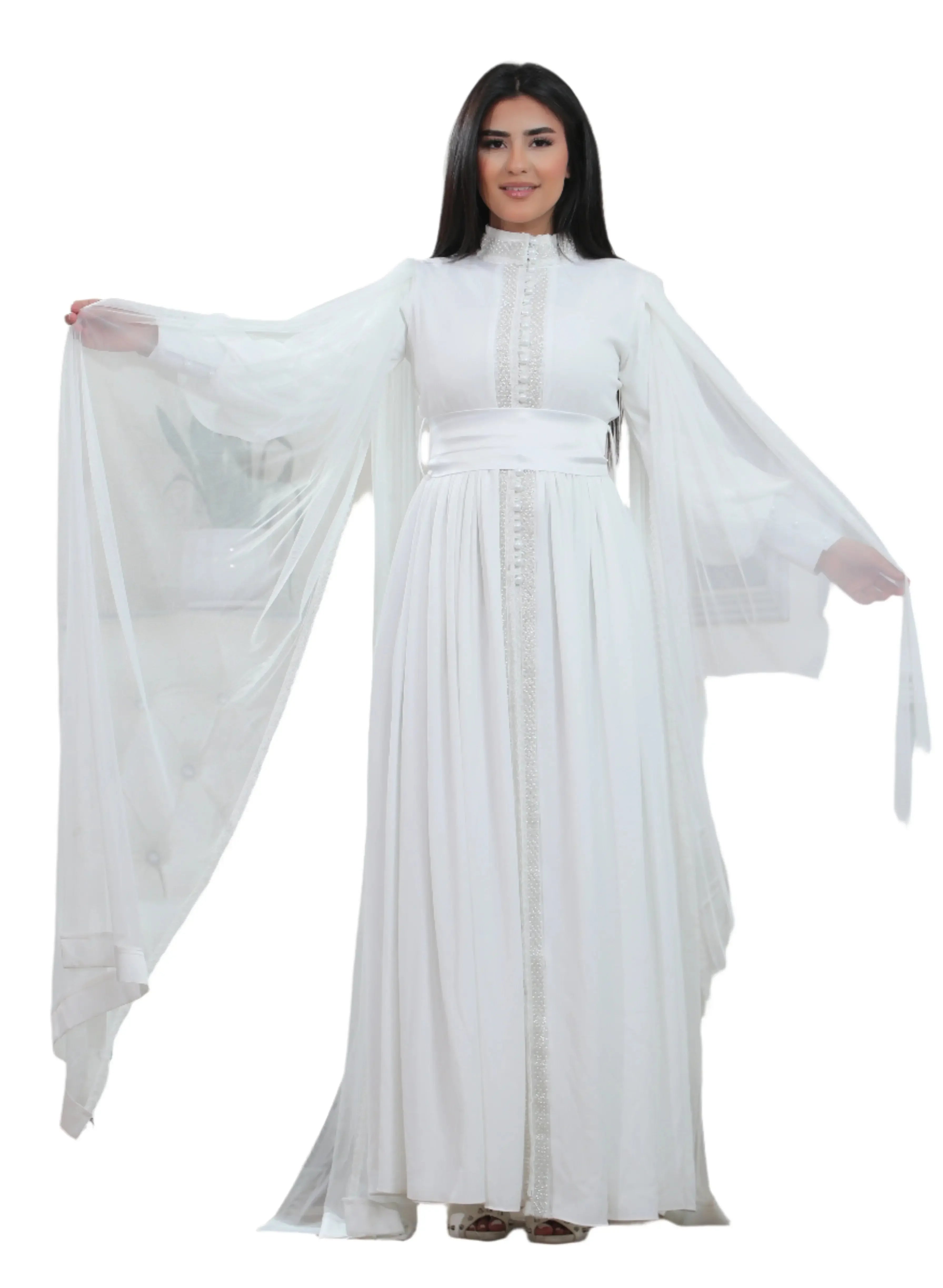 Palestinian Elegance white elegant modest formal dress with flowing sheer sleeves and fitted waist