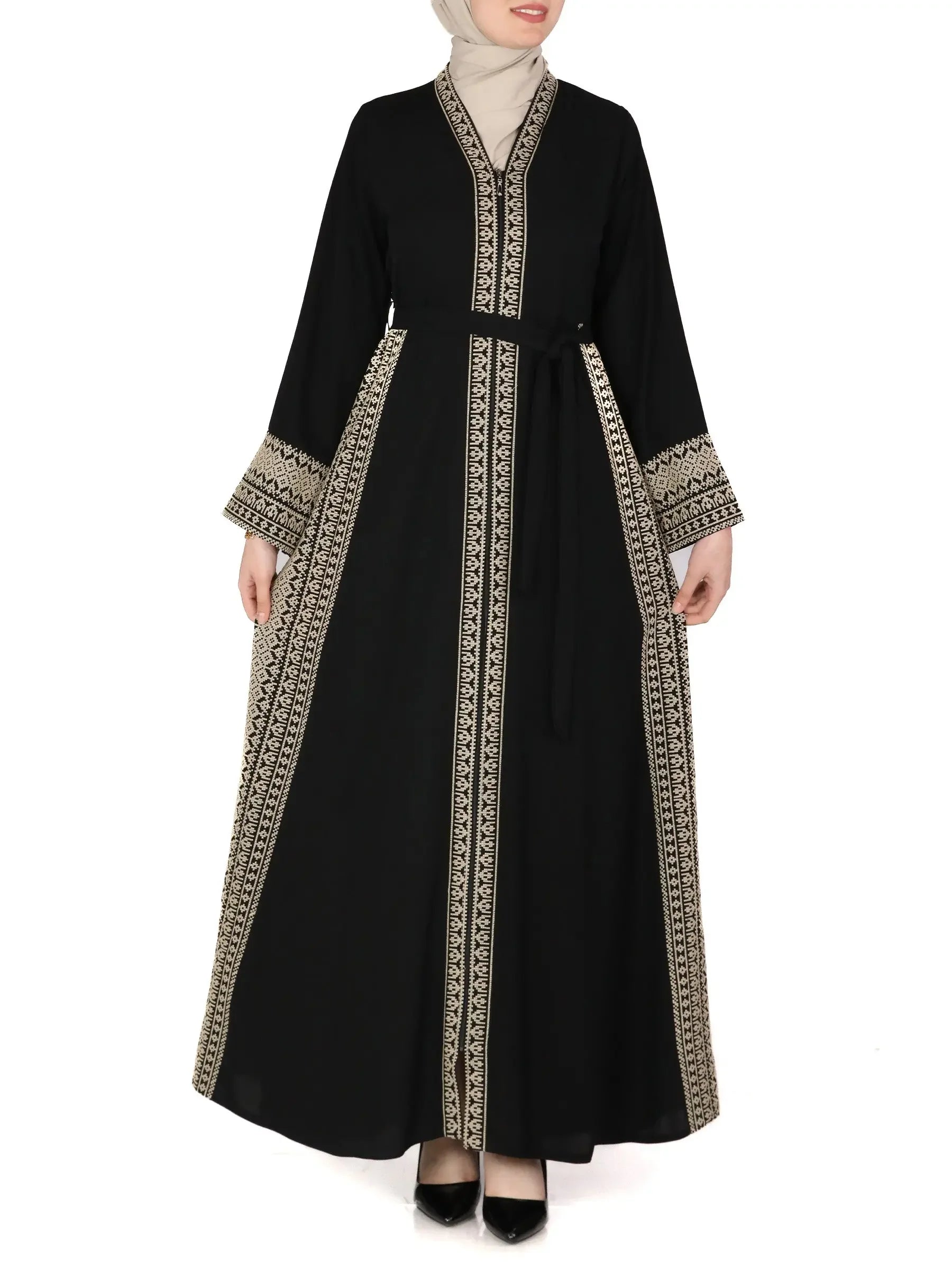 Palestinian Elegance black embroidered abaya dress with intricate beige embroidery and long sleeves