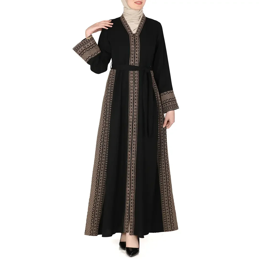 Palestinian Elegance black embroidered abaya dress with intricate traditional embroidery on sleeves and front panels