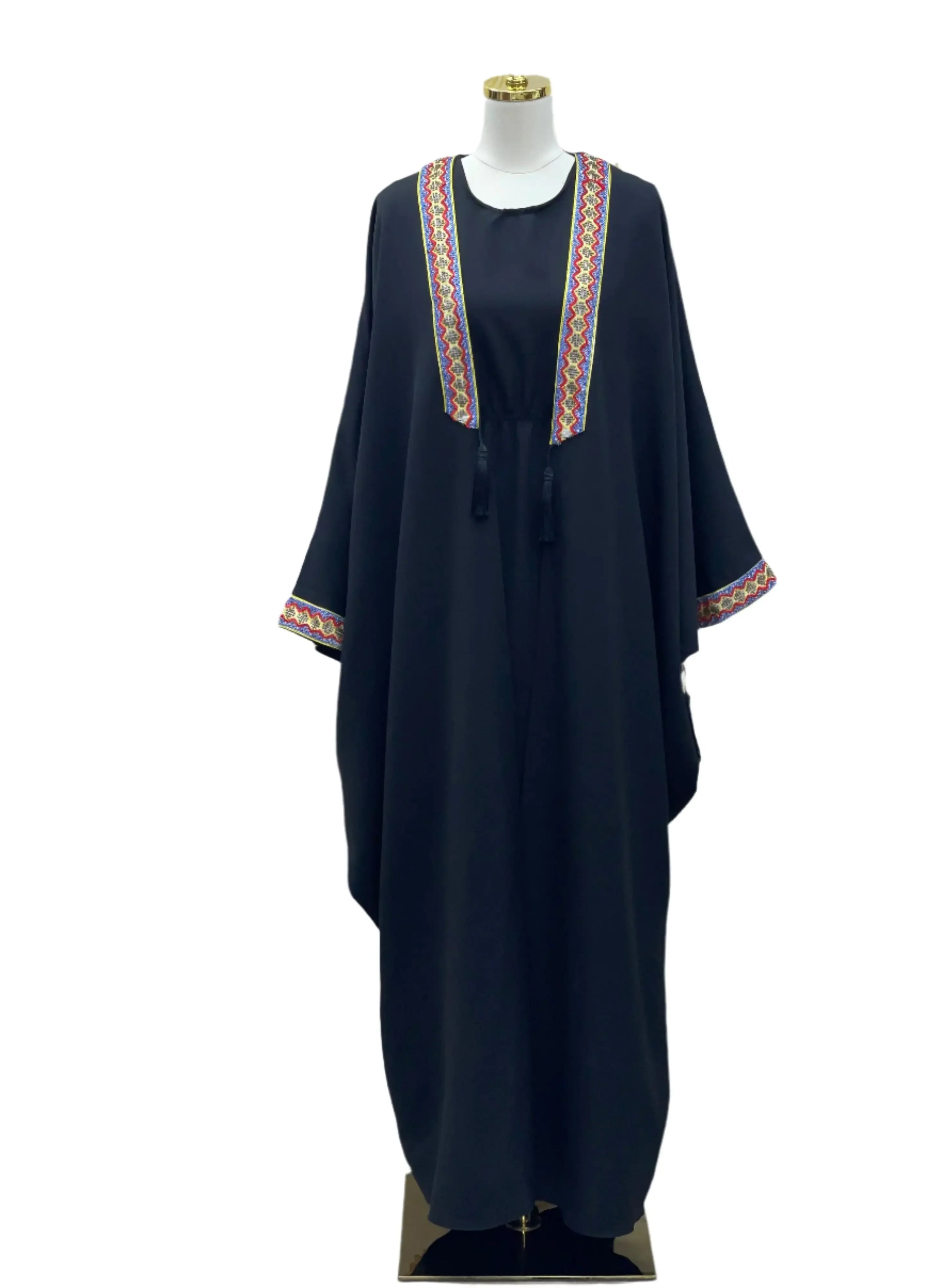Palestinian Elegance black embroidered abaya dress with colorful geometric embroidery on neckline and sleeves
