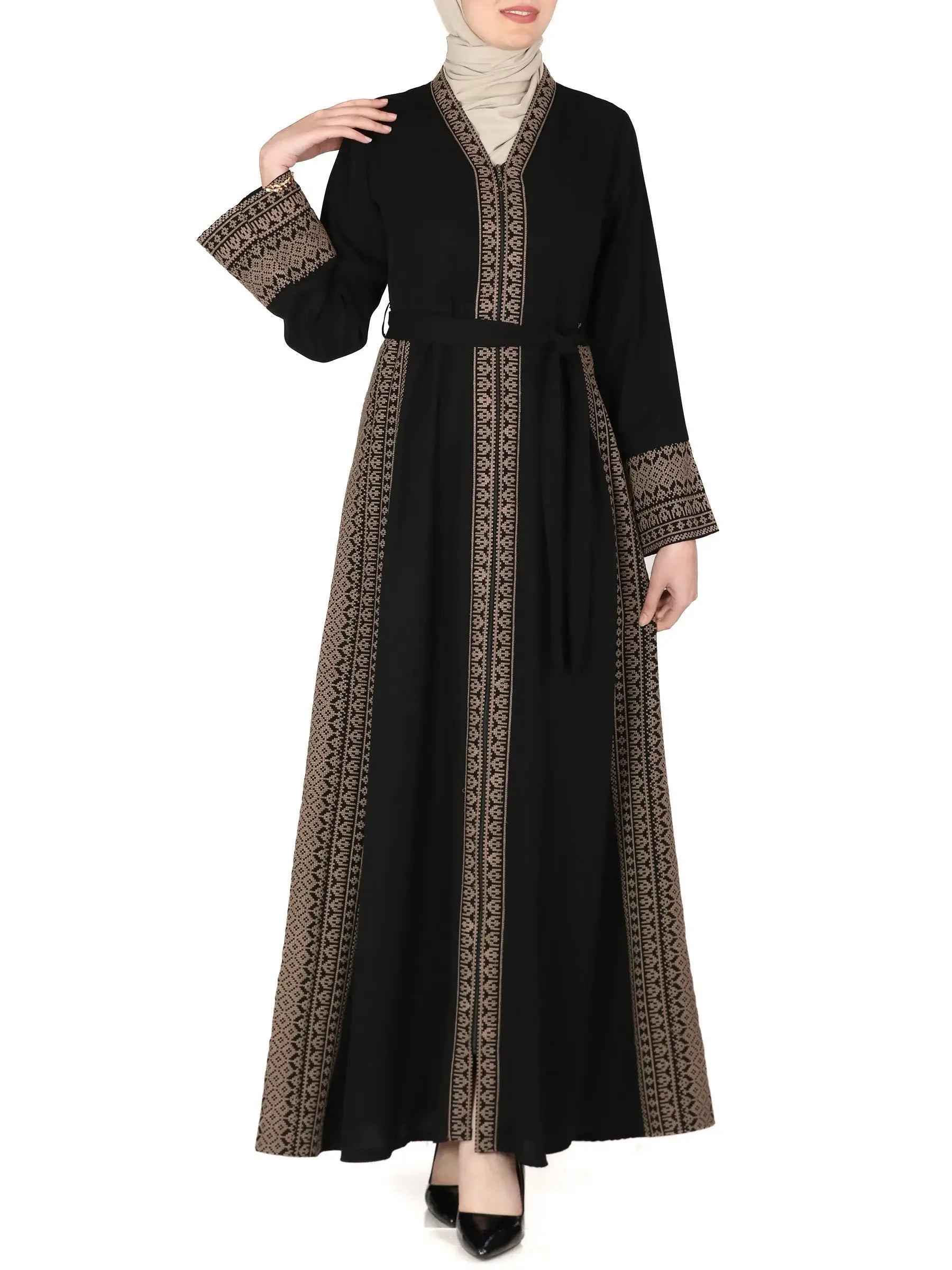 Palestinian Elegance embroidered abaya dress in black with intricate beige patterns on sleeves and front panel