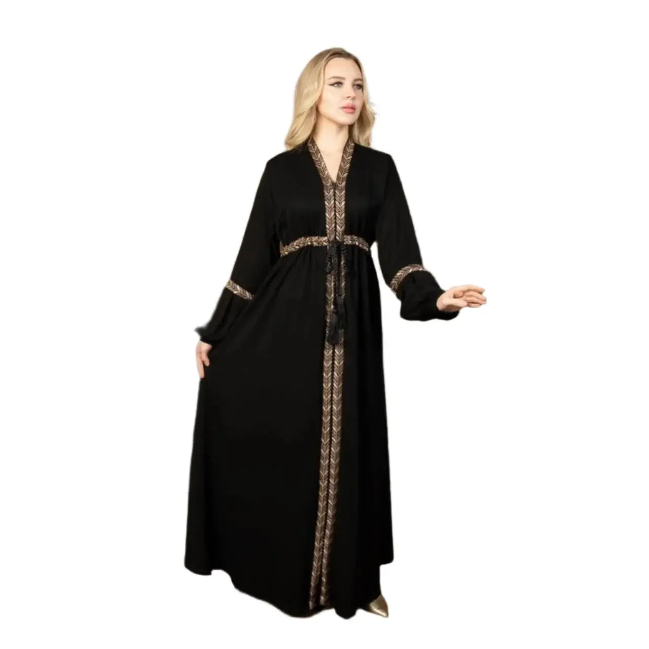 Palestinian Elegance black embroidered abaya dress with intricate gold detailing on front and sleeves
