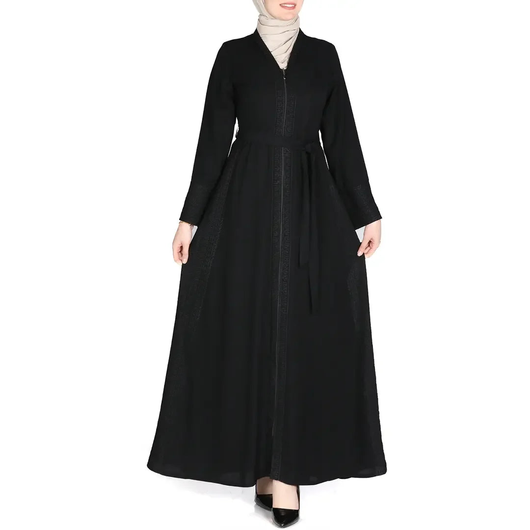 Palestinian Elegance black embroidered abaya dress with long sleeves and waist tie