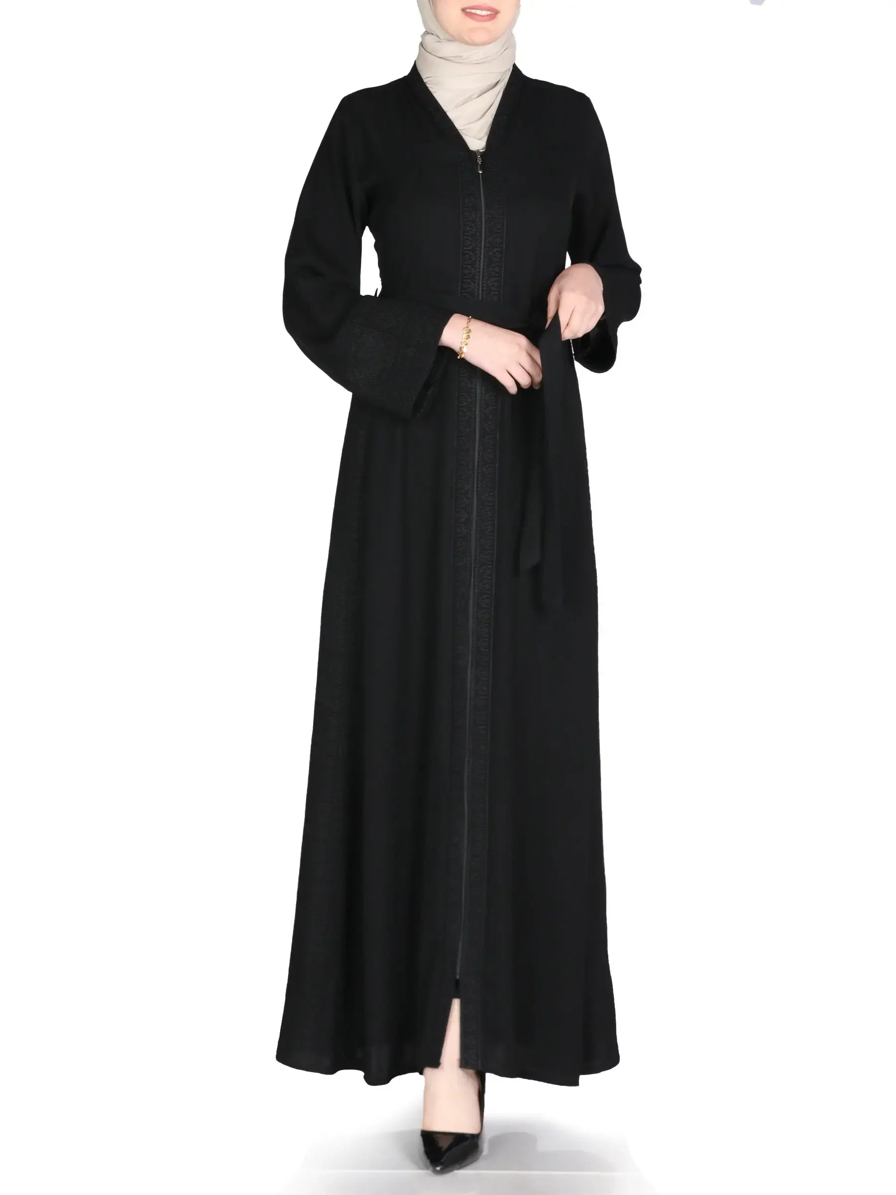 Palestinian Elegance black embroidered abaya dress with long sleeves and a front tie belt