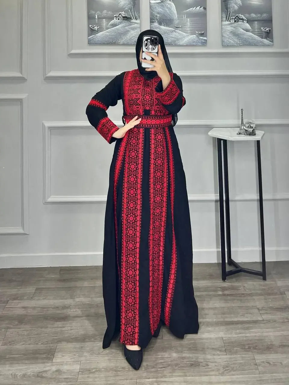Palestinian Elegance embroidered abaya dress in black with red intricate embroidery and matching belt