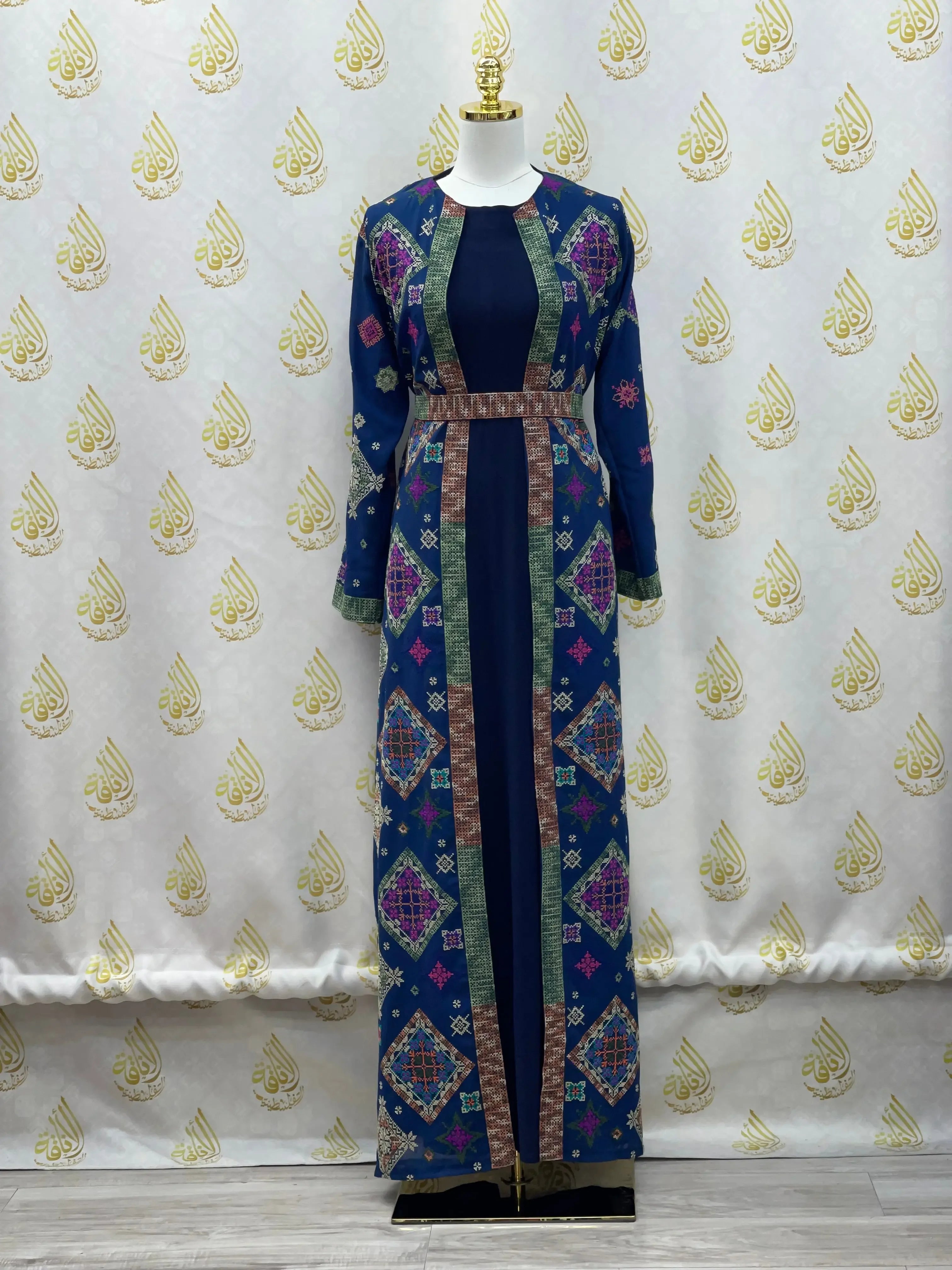 Palestinian Elegance embroidered abaya dress with colorful geometric embroidery on navy fabric full length