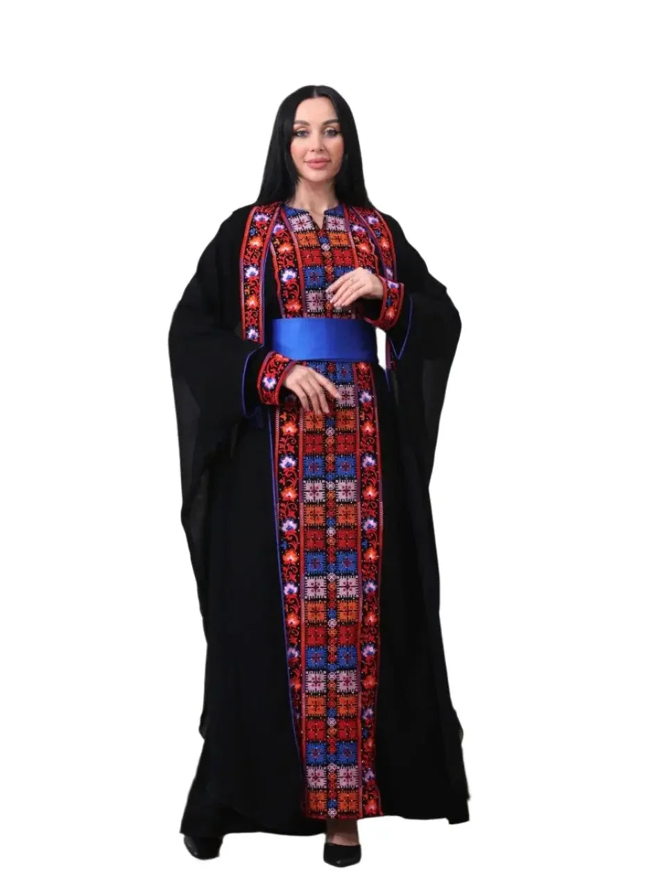 Palestinian Elegance embroidered abaya with cardigan featuring intricate red and blue embroidery and a blue sash belt