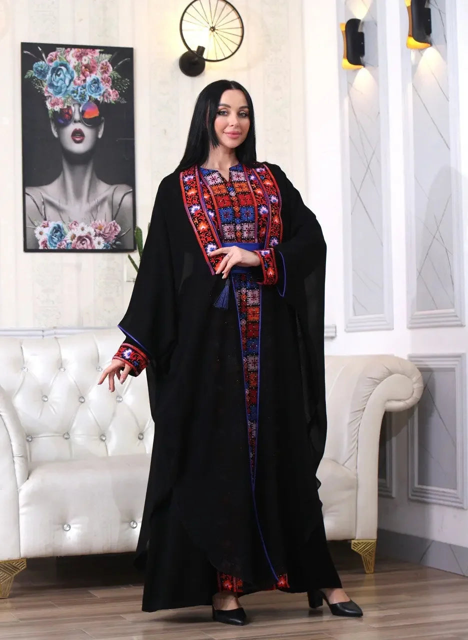 Palestinian Elegance embroidered abaya with cardigan featuring colorful traditional embroidery on black fabric