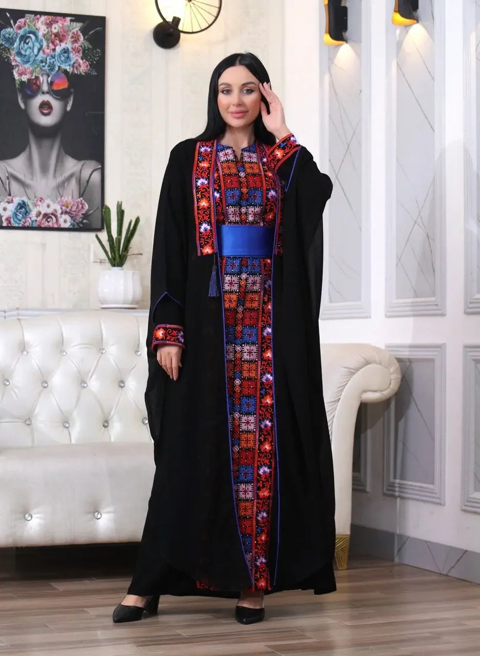 Palestinian Elegance embroidered abaya with cardigan featuring vibrant traditional embroidery and blue waist sash