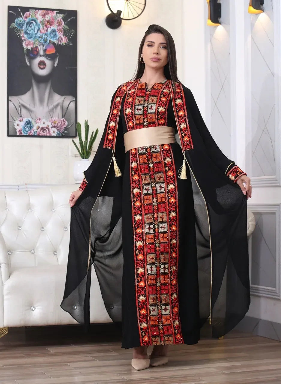 Palestinian Elegance embroidered abaya with cardigan black kaftan featuring red and gold intricate embroidery and beige belt
