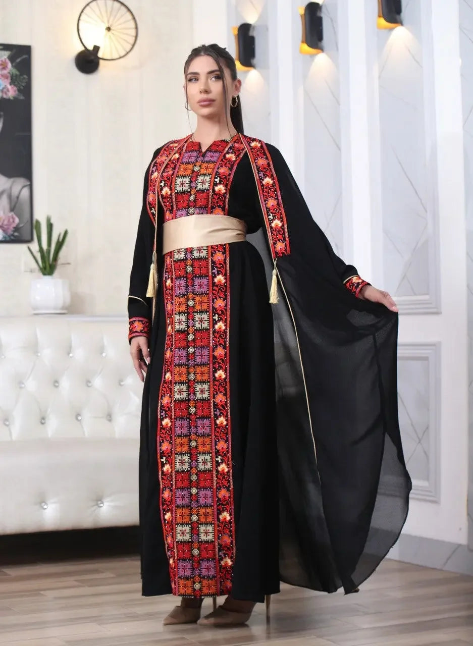 Palestinian Elegance embroidered abaya with cardigan in black featuring colorful geometric embroidery and a gold belt