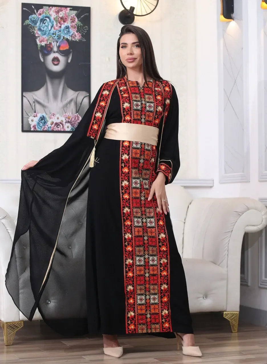 Palestinian Elegance embroidered abaya with cardigan featuring intricate red and orange embroidery on black fabric with wide sleeves