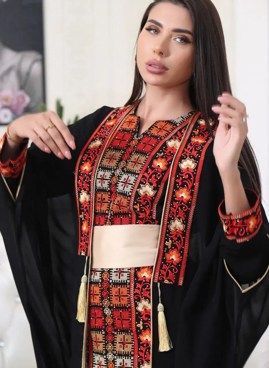 Palestinian Elegance embroidered abaya with cardigan featuring traditional red and black embroidery and tassels