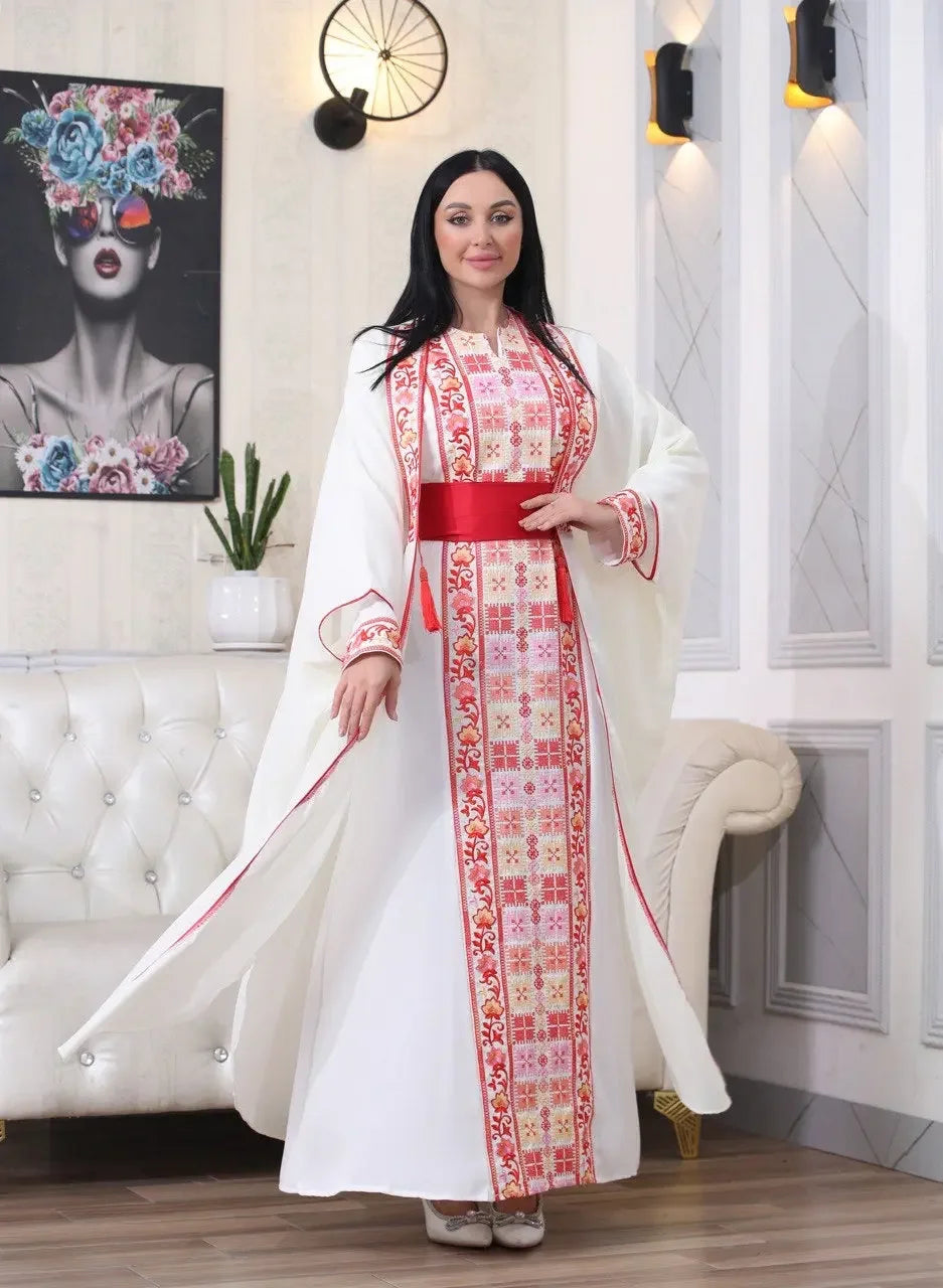 Palestinian Elegance embroidered abaya with cardigan featuring traditional red and white embroidery and a matching belt