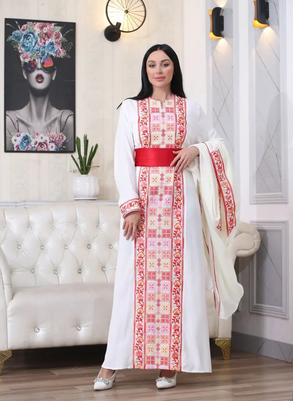 Palestinian Elegance embroidered abaya with cardigan featuring white fabric and red traditional embroidery