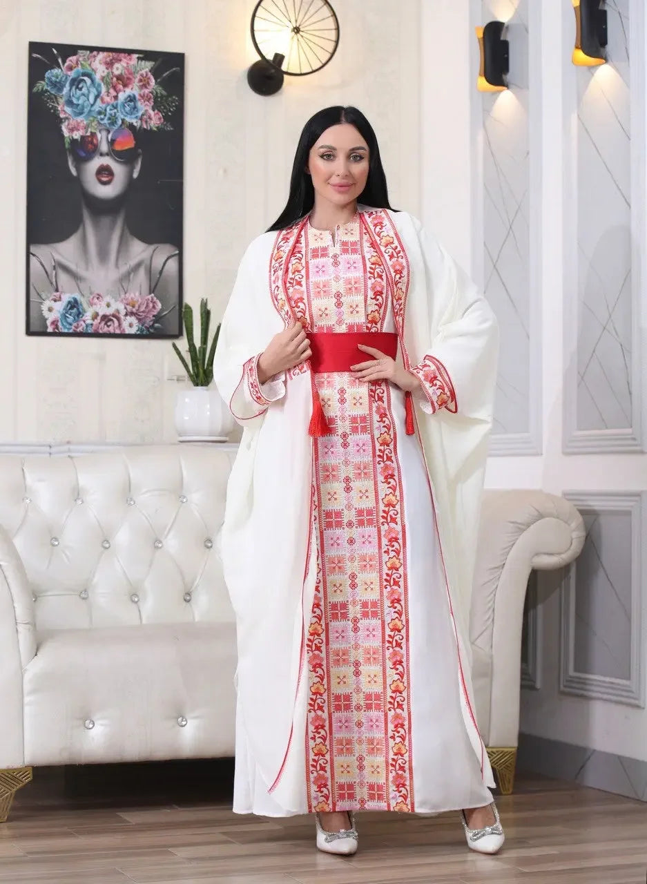 Palestinian Elegance embroidered abaya with cardigan featuring intricate red patterns and a red belt