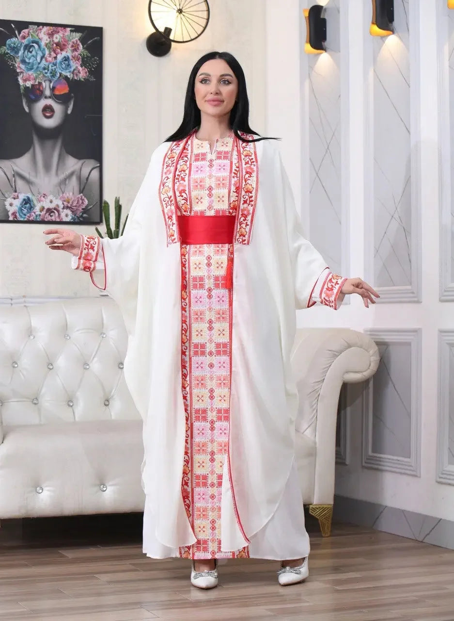 Palestinian Elegance embroidered abaya with cardigan in white and red traditional patterns kaftan