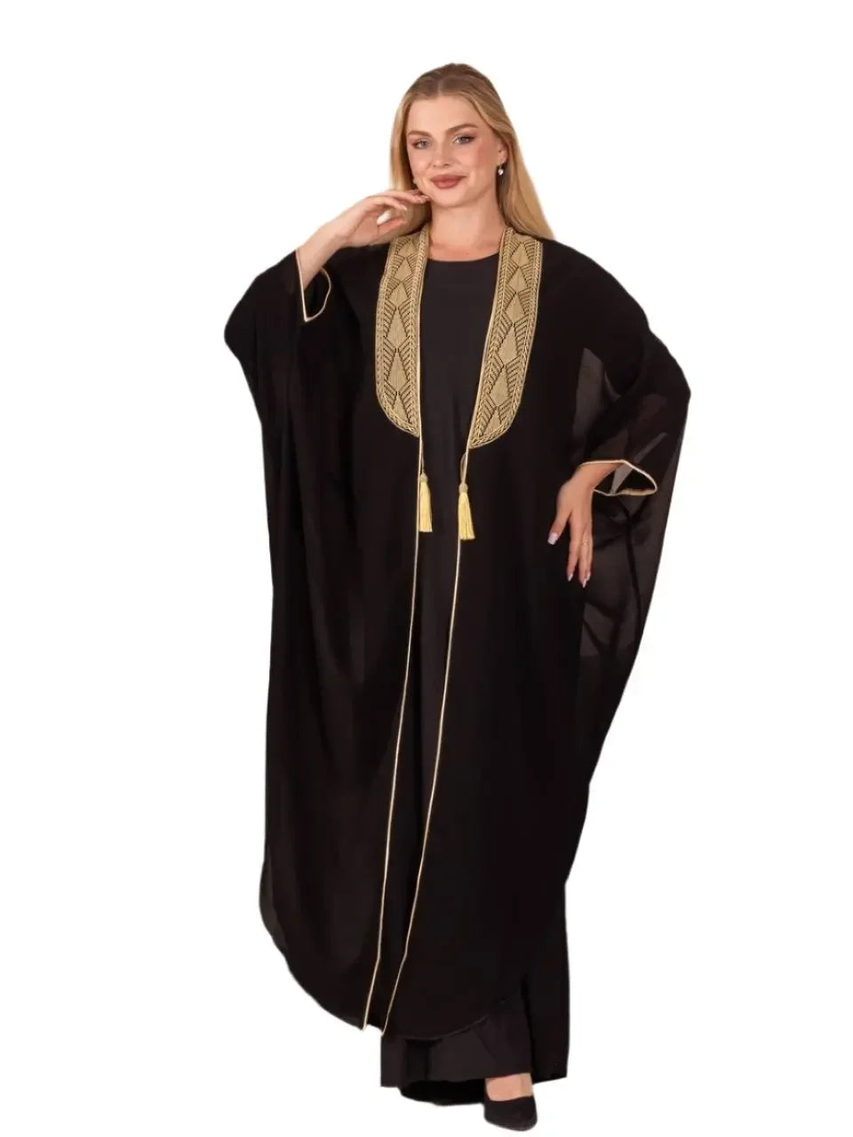 Black embroidered bisht for women cardigan with gold detailing by Palestinian Elegance