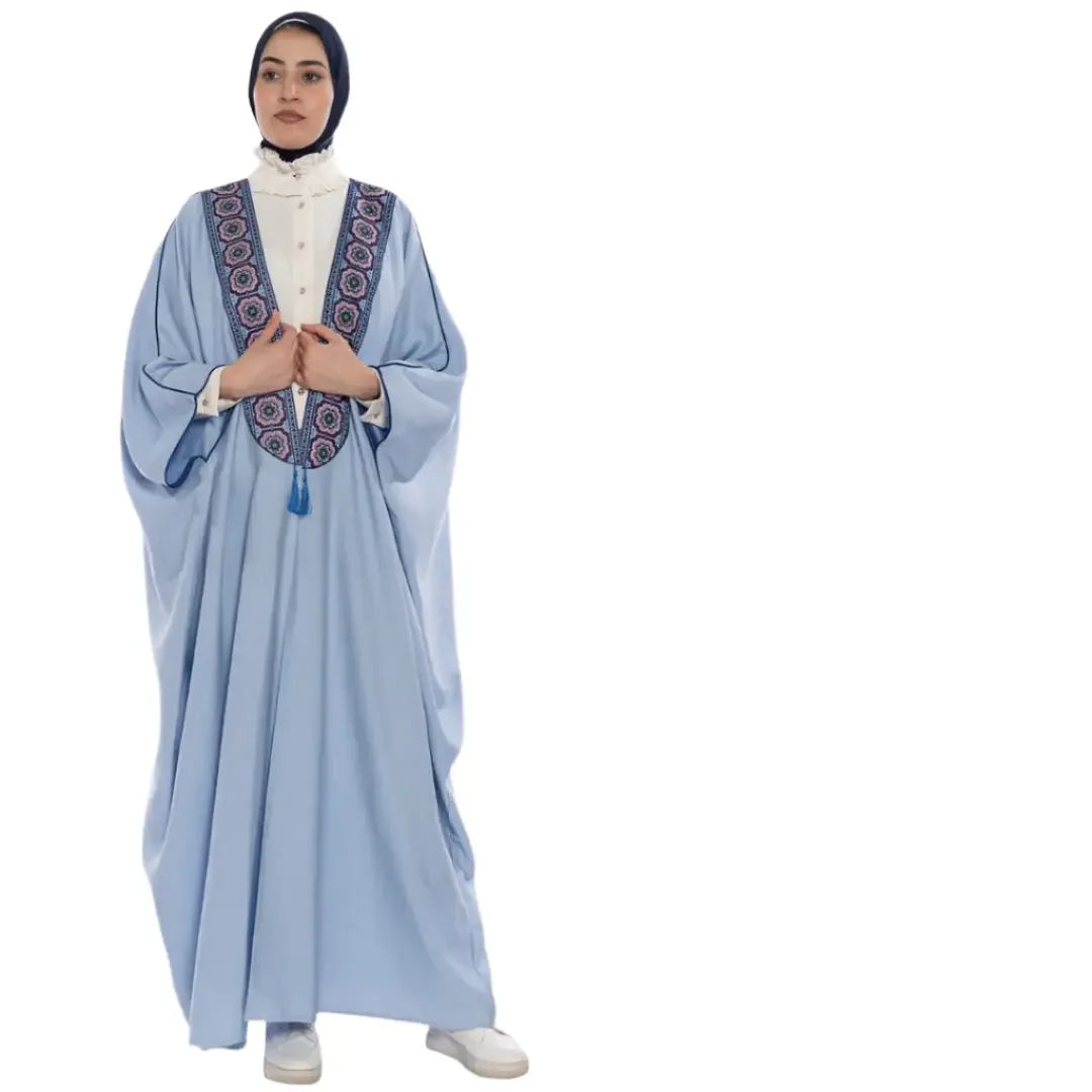 Palestinian Elegance light blue embroidered bisht for women with intricate neckline embroidery and tassel details