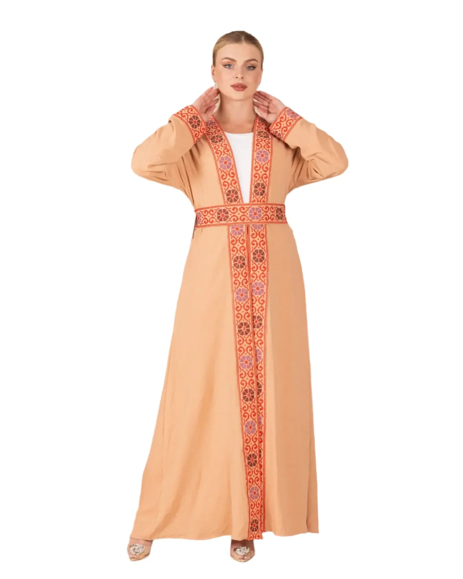 Palestinian Elegance embroidered cardigan for women in beige with traditional red embroidery