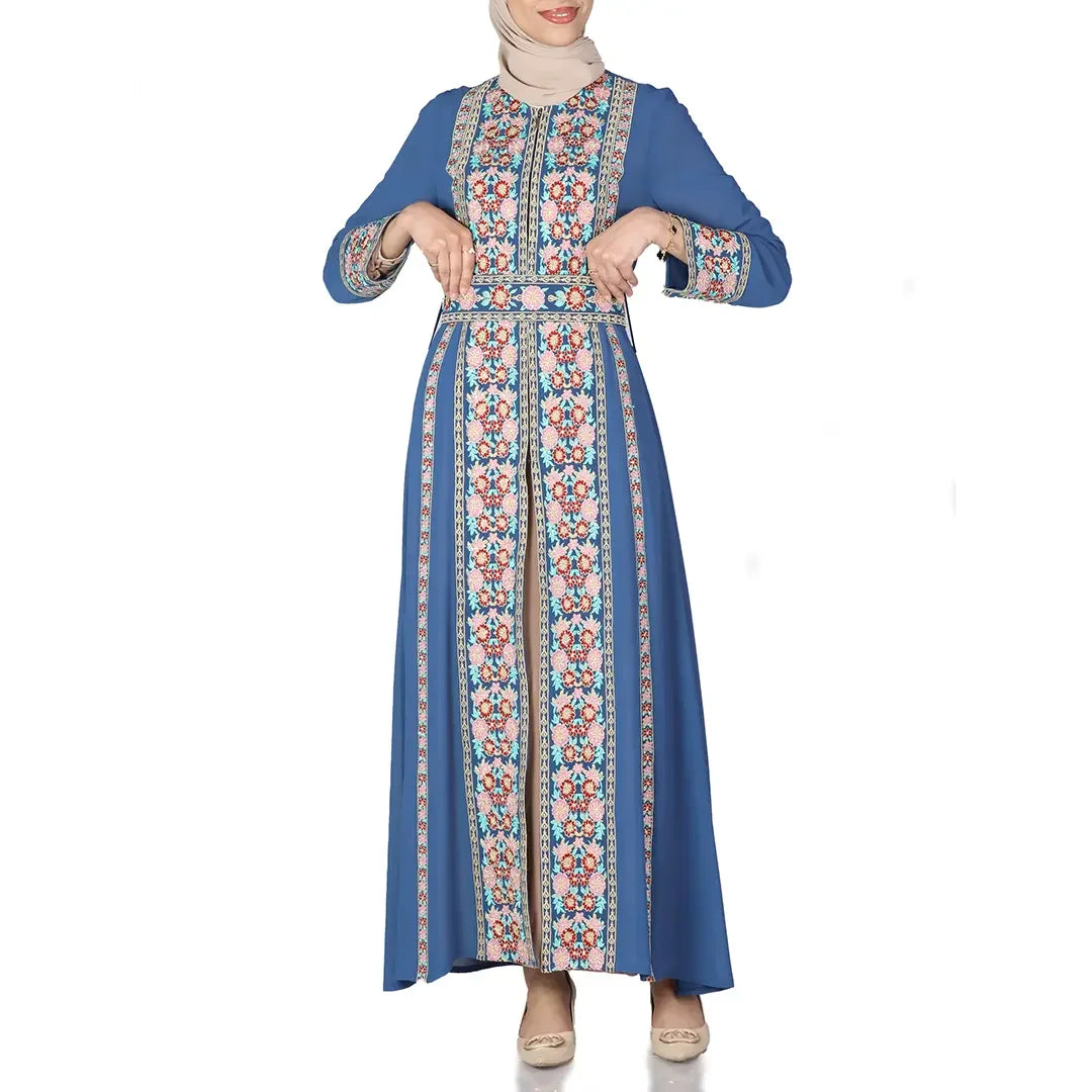 Palestinian Elegance embroidered chiffon kaftan abaya in blue with intricate floral embroidery