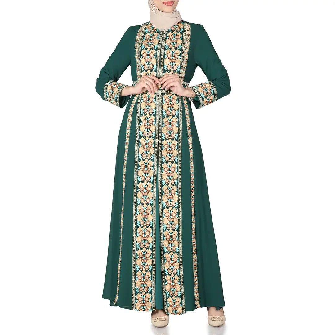 Palestinian Elegance embroidered chiffon kaftan abaya in green with floral embroidery and long sleeves