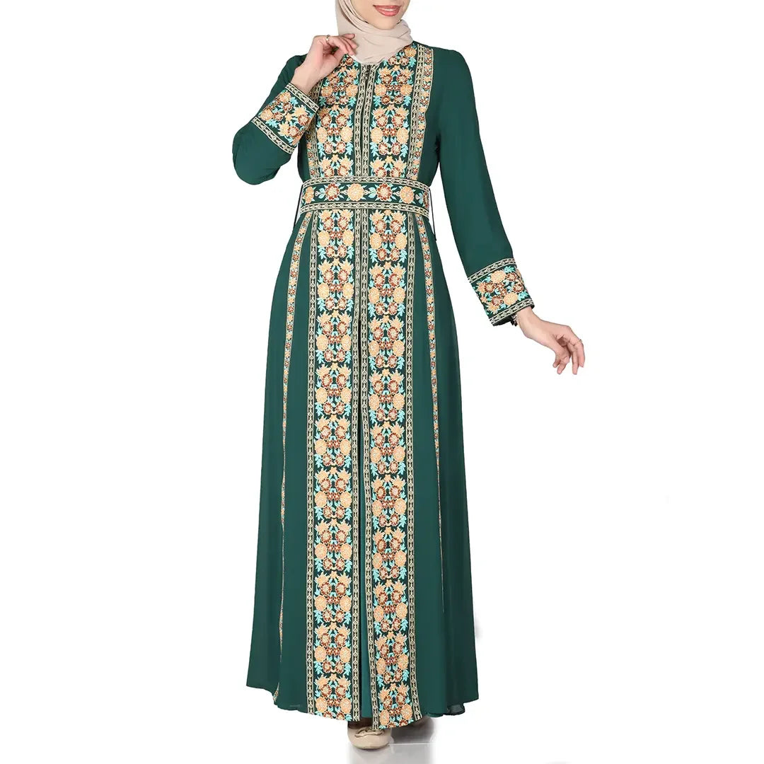 Palestinian Elegance embroidered chiffon kaftan abaya in dark green with intricate floral embroidery and long sleeves